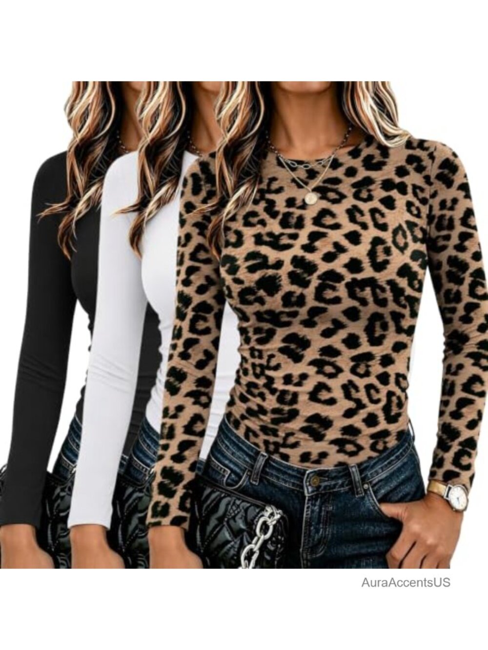 3 Pack Long Sleeve Fitted Tee Shirts for Women